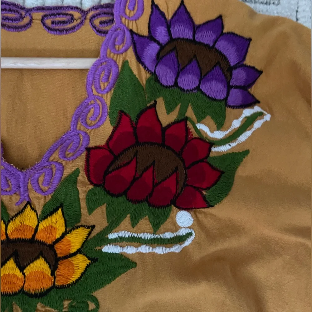 Mexican Embroidered Floral Tank Dress in Mustard with Multicolor Bloom